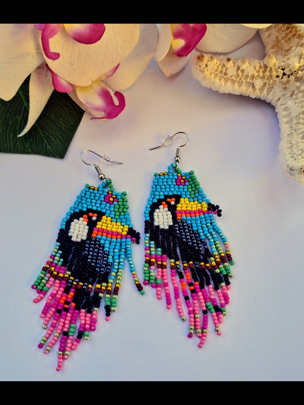 Handmade Beaded Toucan Fringe Earrings - Turquoise & Pink